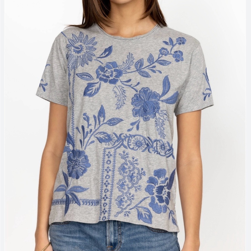 Johnny Was Gray and Blue Floral Short Sleeve Top